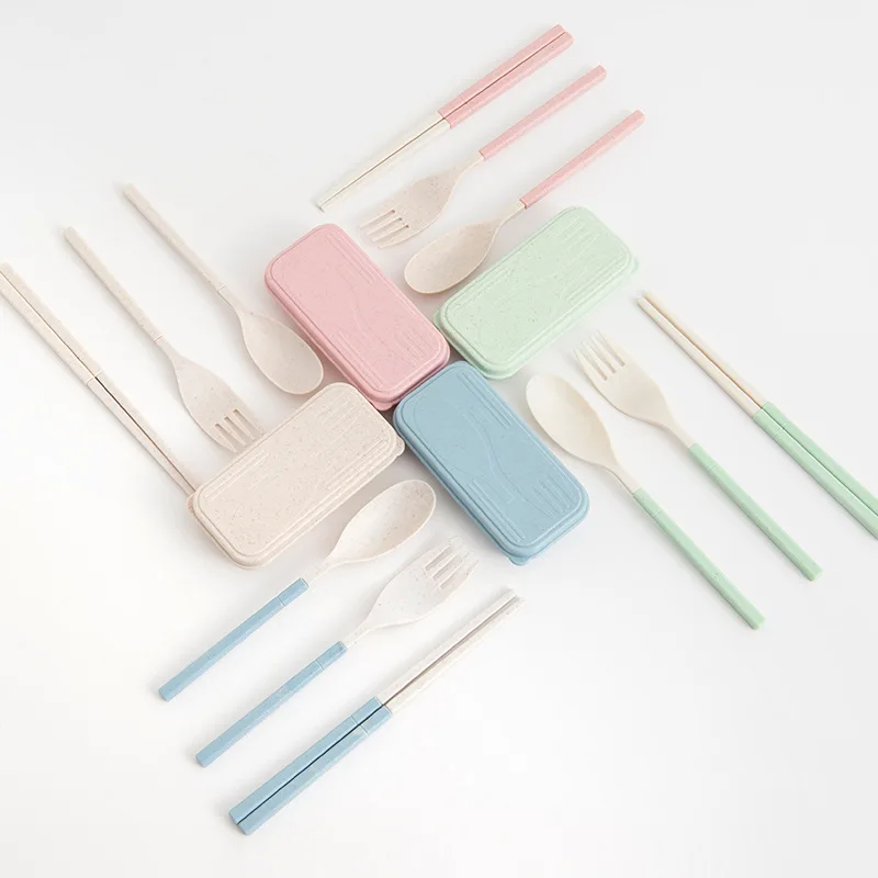 Wholesale Wheat Straw Portable Flatware Set Foldable Chopsticks Spoon Fork Dinnerware Set with Durable Storage Box for Kids