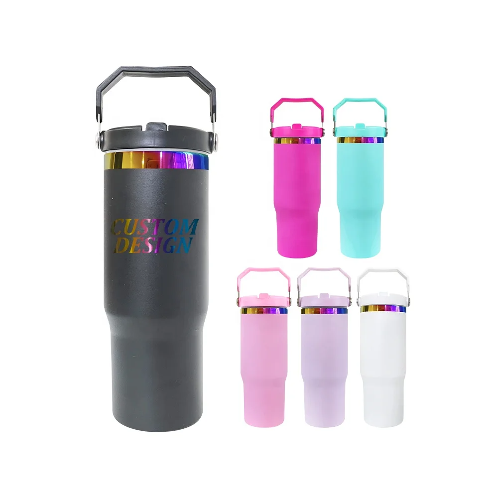 coffee products customized powder coated Rainbow underneath 30oz flip top straw tumblers with handle for laser engraved
