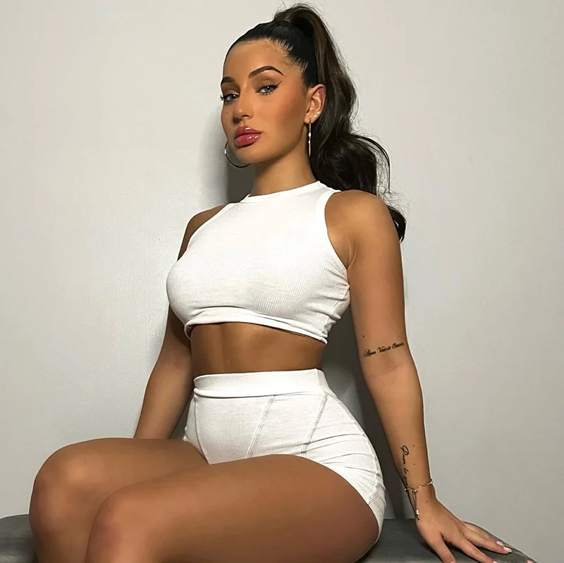 KFL23260 Ribbed Sexy Female Yoga Two Piece Short Set Sports Bra Fitness Running Sports Women Fitness Shorts Set