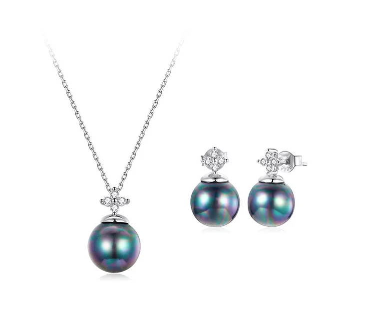 New sparkling pearl 925 sterling silver jewelry  elegant vintage shell beads tahiti pearl earrings necklace jewelry set