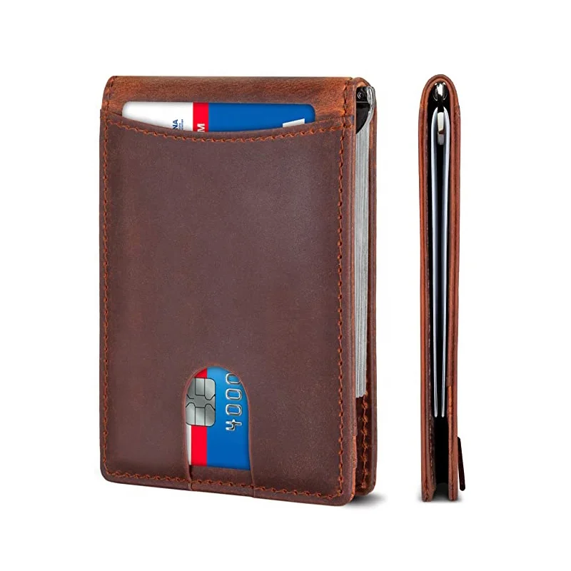High Quality Leather Mens Pull Tab Minimalist Credit Card Holder Slim Wallet Money Clip RFID Blocking Thin Wallet