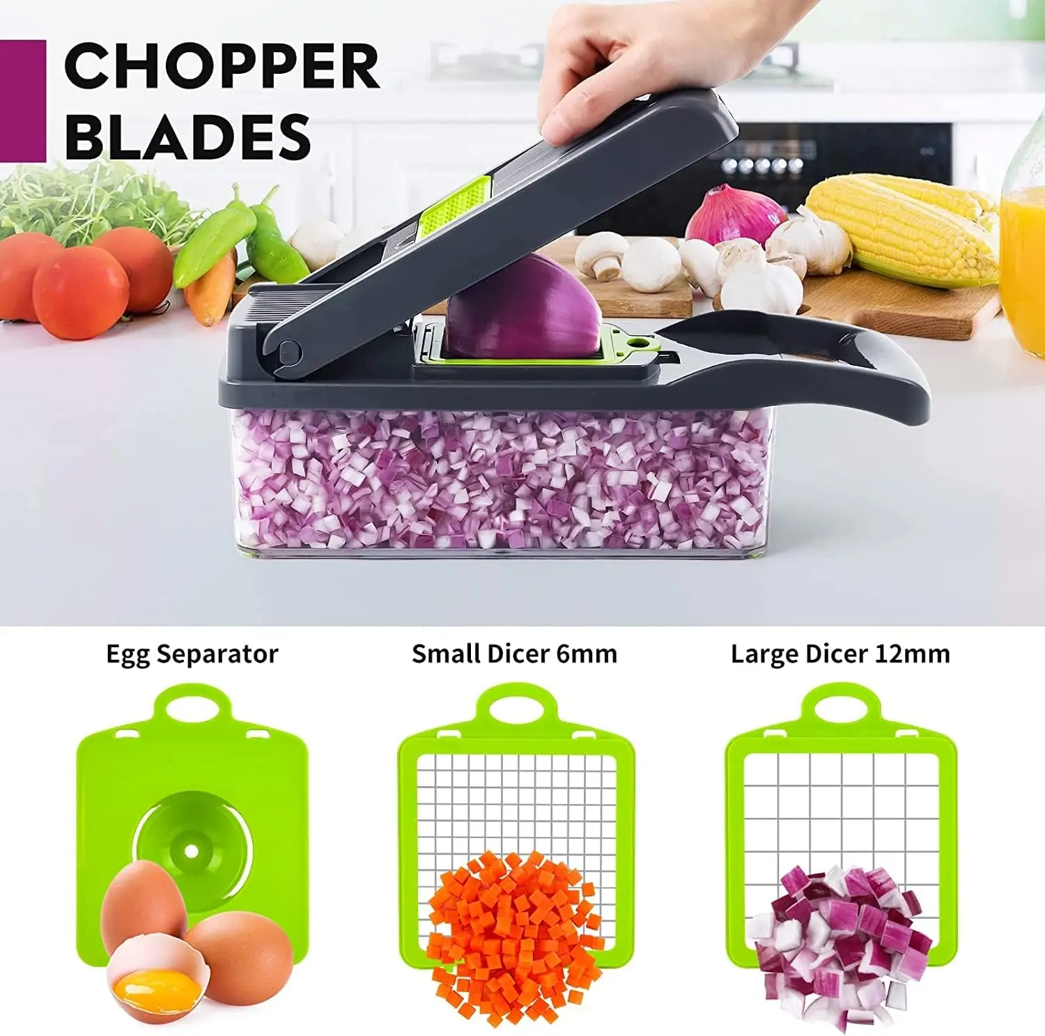 New Premium Multifunctional Fruit & Vegetable Chopper with 8 Blades & Container 12-in-1 Manual Food Cutter Slicer Dicer & Grater