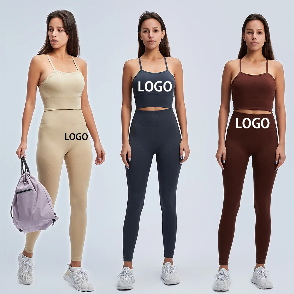 
 Sublimation Seamless Women Gym Fitness Wear Suit Recycled Stripes Organic Clothing High Waist Legging Yoga Pants Sports Bra Set  