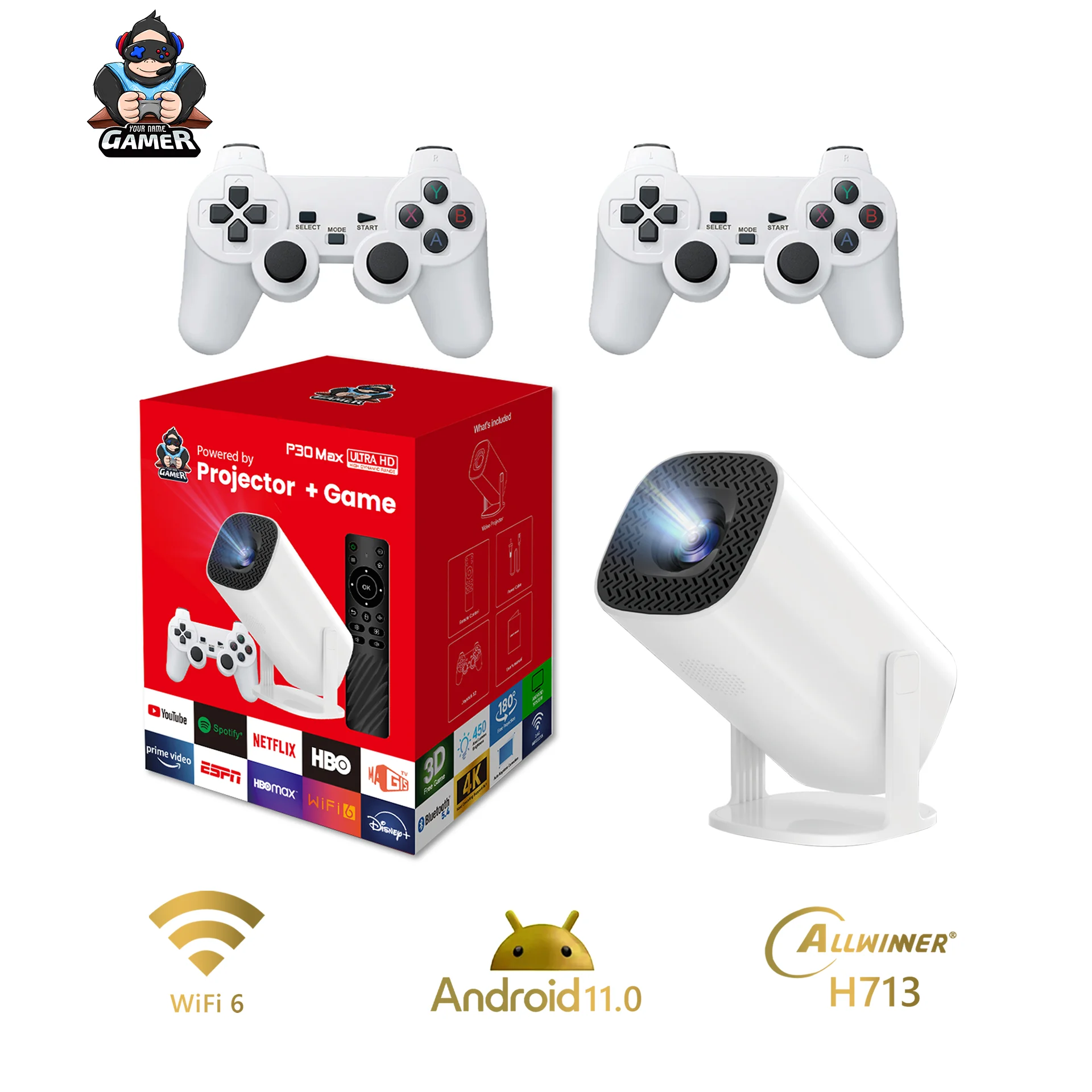 2024 Video Game Projectors P30MAX Video Game Console 64GB 30000 Games Potable Projector 4K Output dual gamepad Retro Projectors