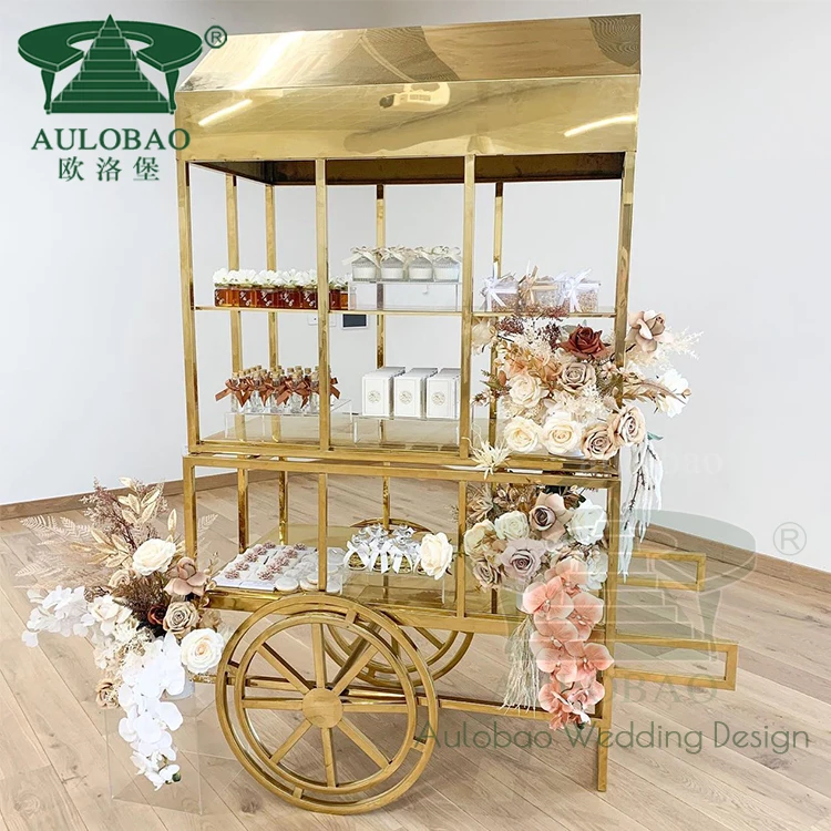 Свадебные украшения Золотая тележка для конфет из нержавеющей стали с колесами
