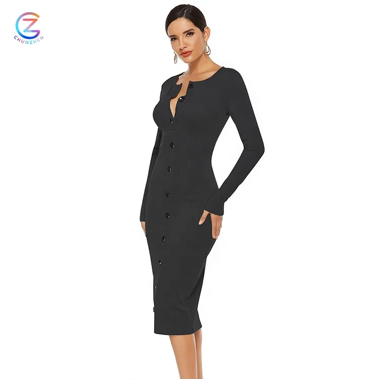 
New Design Casual Knitted Dress Spandex Clothing Elegance Button Front Classic Sexy Night Party Women Dresses 