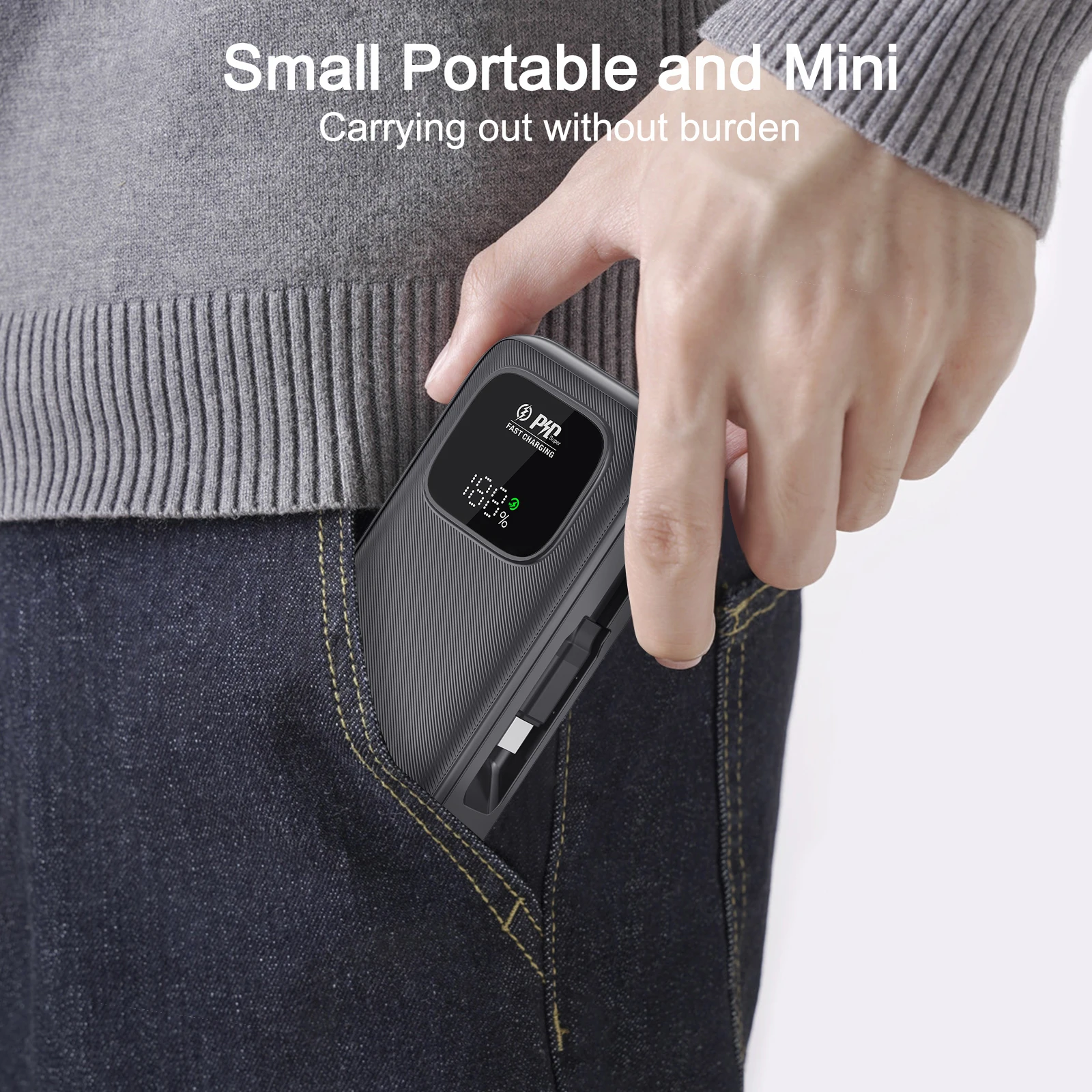 Custom Energy Companion Portable Fast Charger 10000mAh 22.5W Type-C LED Display Retractable Built-In Cable Fast Power Bank Gift