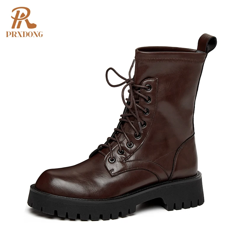 
2021 Fashion Women Combat Boots Autumn Winter Ankle Female Boots Chunky Heels Thick Platform Lace Up Casual Leisure Brown Black 