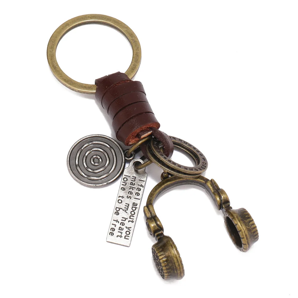Fashion 3D Music Headset Keychain Bronze Alloy Retro Punk KeyChain Braided Cowhide Rope Leather Keychain Handbag Car Key Chains