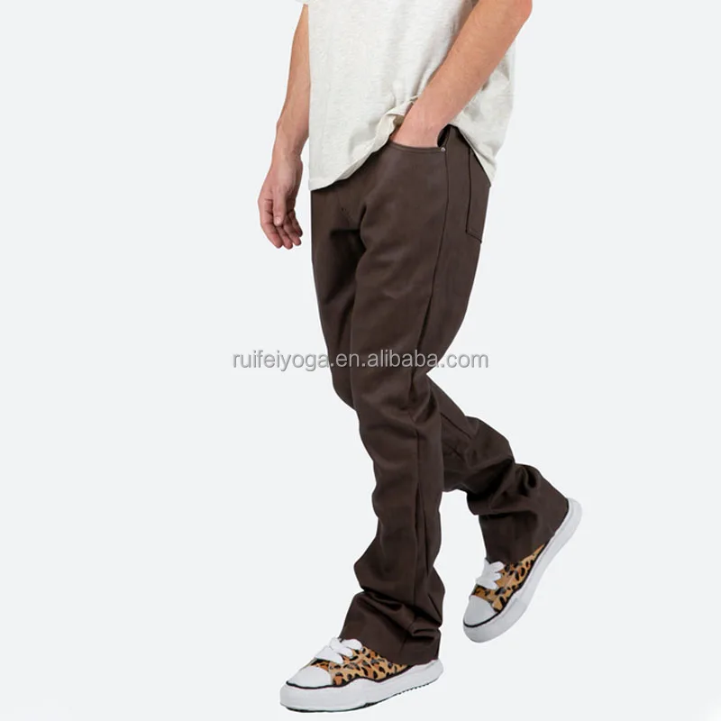 OEM Custom Logo Fashion Casual Sweat Jogger Pants Stacked Washed PU Vegan Leather Flare Denim Pant For Men