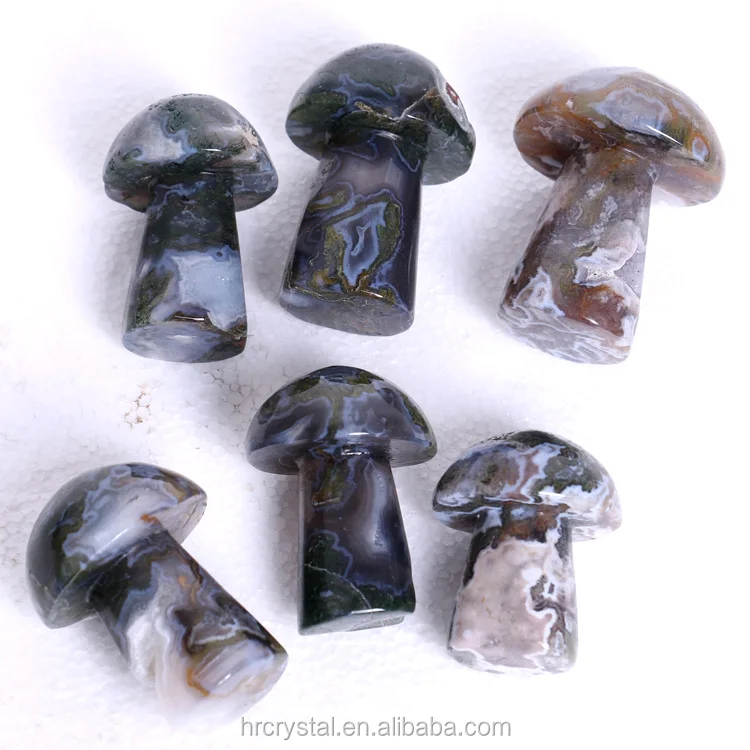 Hot Selling Nature Mushroom Shape Crystal Carved  Moss Agate Mushroom For Decoration