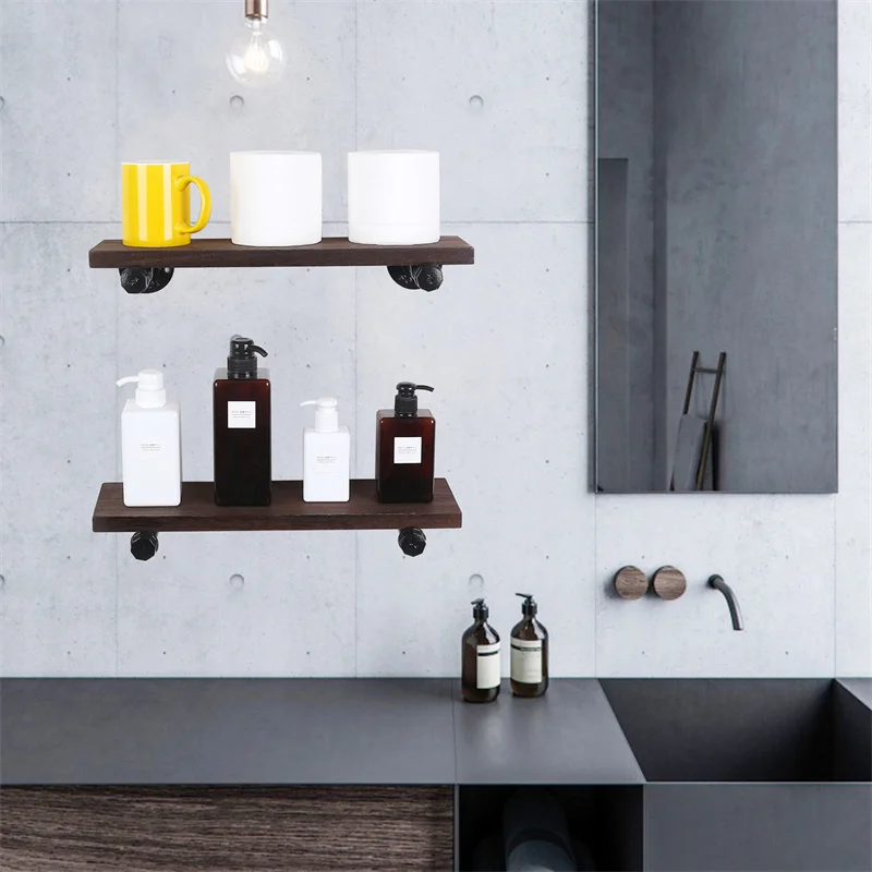 Rustic Wooden Floating Wall Shelves For Kitchen Living Room Industrial Wood Shelf with Iron Pipes Interior Decor Wall Storage