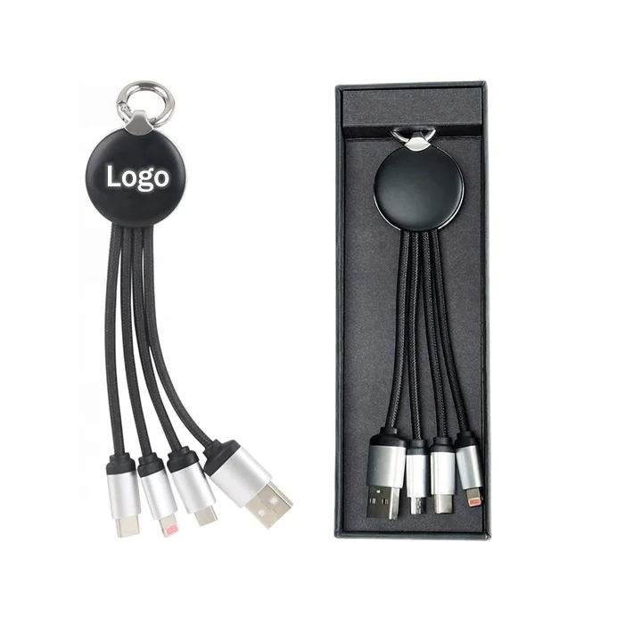 Wholesale Branded Charging Accessories Promotional Gifts 3 in 1 Keychain Charging USB cable LED Logo 3in1 Charger Cord