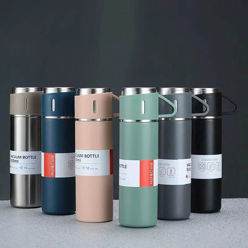 Wholesale Hot Thermos Stainless Steel Vacuum Flask Water Bottles Flask Gift Set With 3 Steel Cups And Press Button