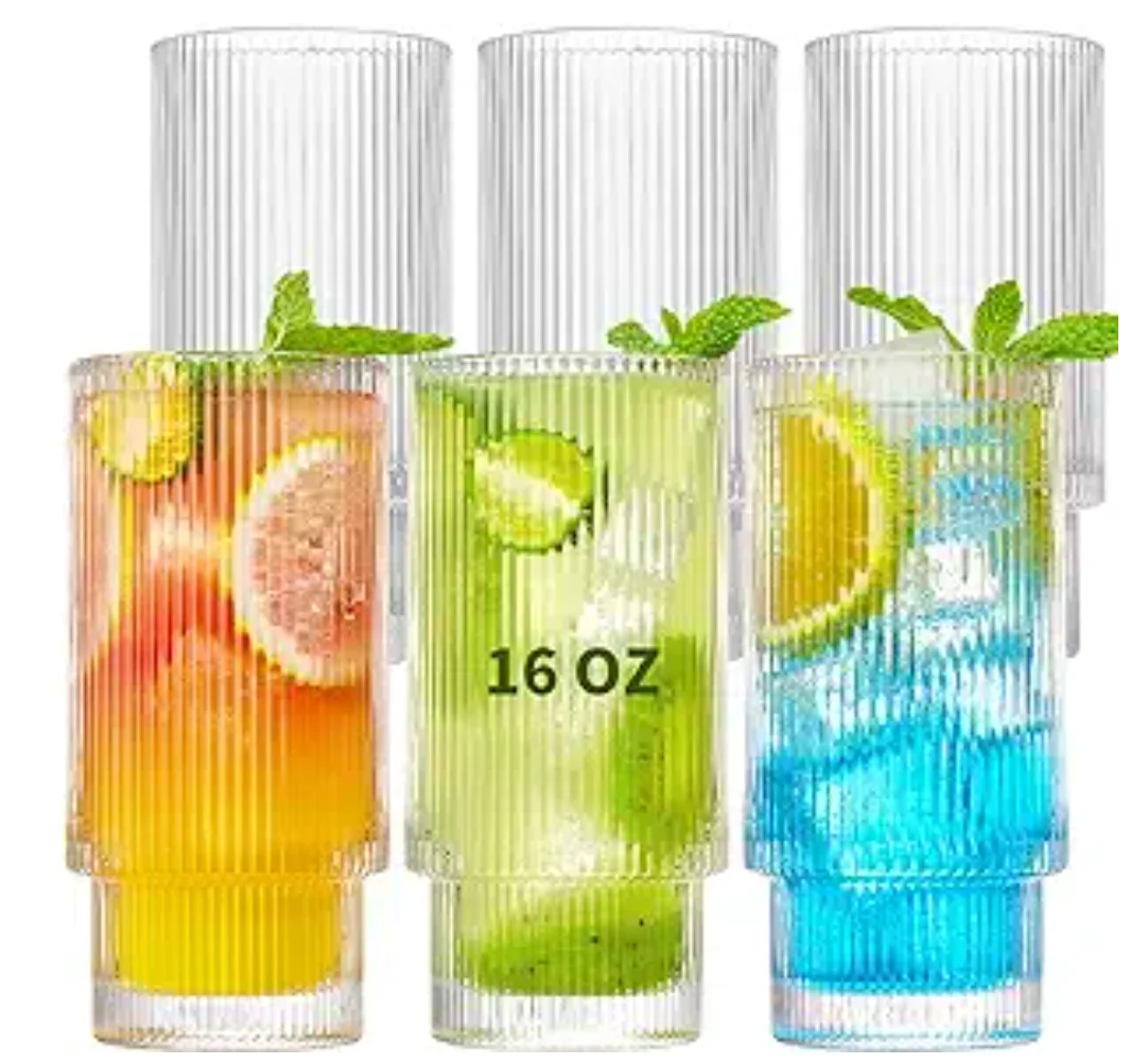 16oz Vintage Embossed Glass Cups Ice American Coffee Cup Stackable Bead Pattern Drinking Glasses