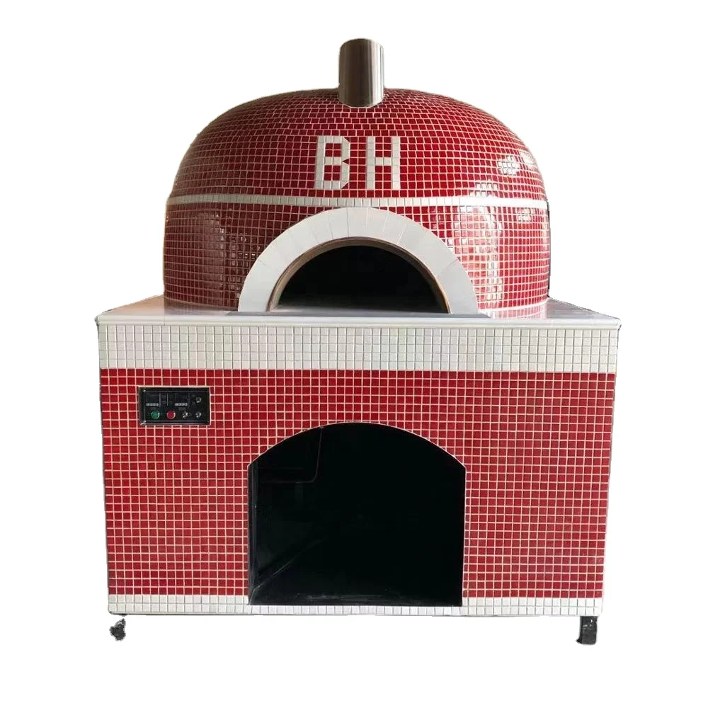 European large 16 inch commercial round black mosaic gas fired lava brick pizza making oven for professional pizzas.