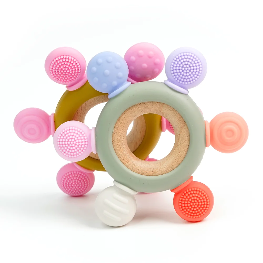 Wood Baby Teether Rattle WoodRing Baby Play Toys Rudder Ring Teethers Baby Wooden Teether