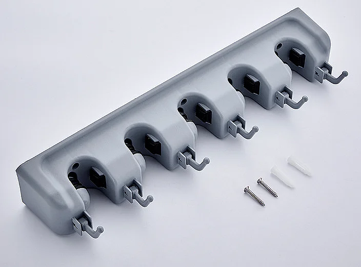 5 Position with 6 Hooks Multipurpose Wall Mounted Organizer, Ideal Broom Storage Solution Mop and Broom Holder,