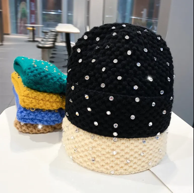 Autumn and Winter Button Thick Warm Ear Protection Wool Soft Waxy Fur Spot Knitted Hat