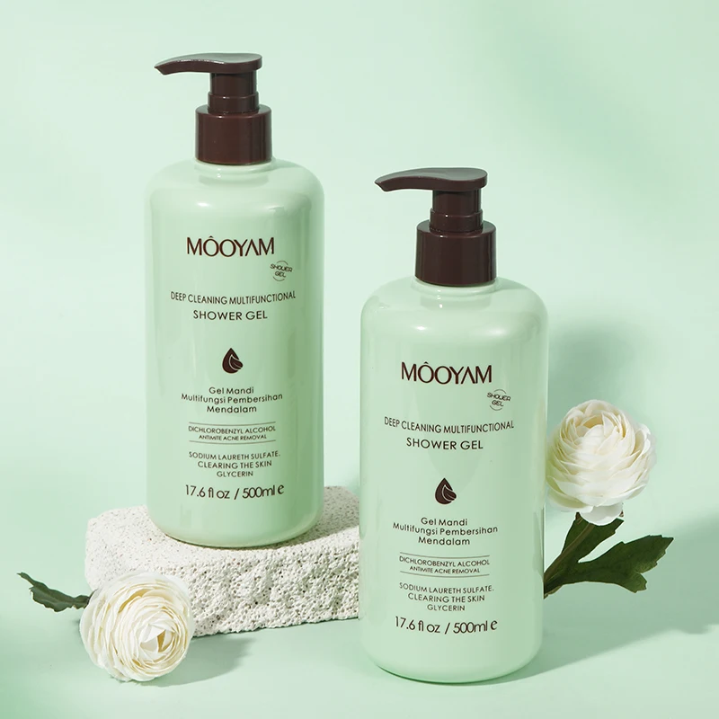 New Arrival Natural Green Shower Gel Customized Logo Acne Removal Multideep-clean Body Wash Wholesale MOOYAM 500ml Shower Gel