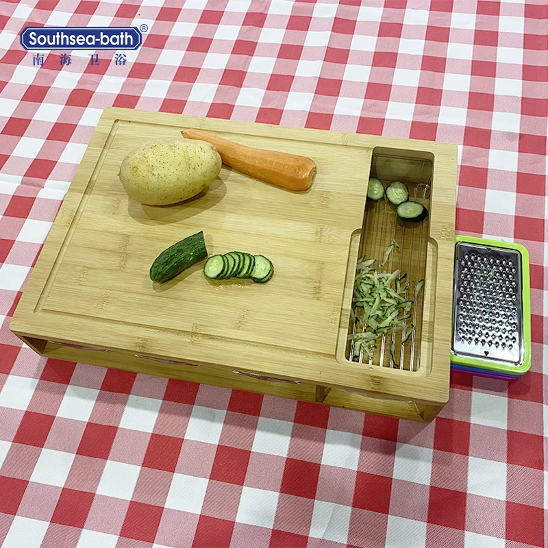 Bamboo Cutting Board Large Natural 4 Acrylic Drawers Chopping Blocks Bamboo Cutting Board Set with Vegetable Grater