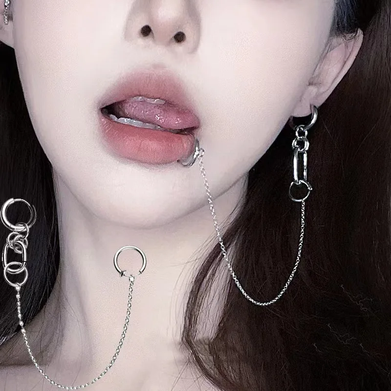 Fake Piercing Lip Clip Earring Anime NANA Okazaki Shinichi Cosplay Punk Chain Linked Earrings Hinged Lip Ring Accessories