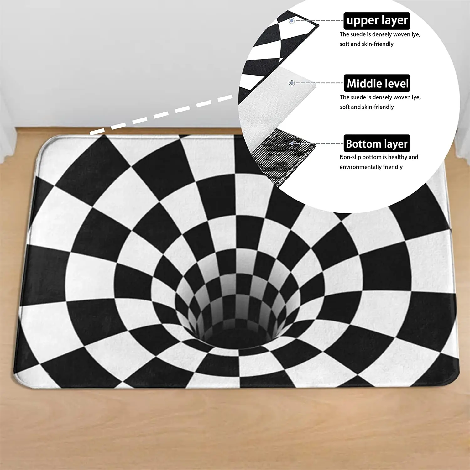 Optical Illusion Rug 3D Stereo Checkered Vortex Non-Slip Area Rug for Dining Room Carpet Home Bedroom Decor Floor Mat