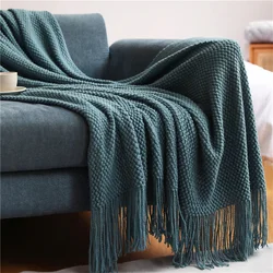 European Style Knitted Tassel Throw Blankets Sofa Blanket Super Soft Solid Color Waffle Blanket for Home Decor