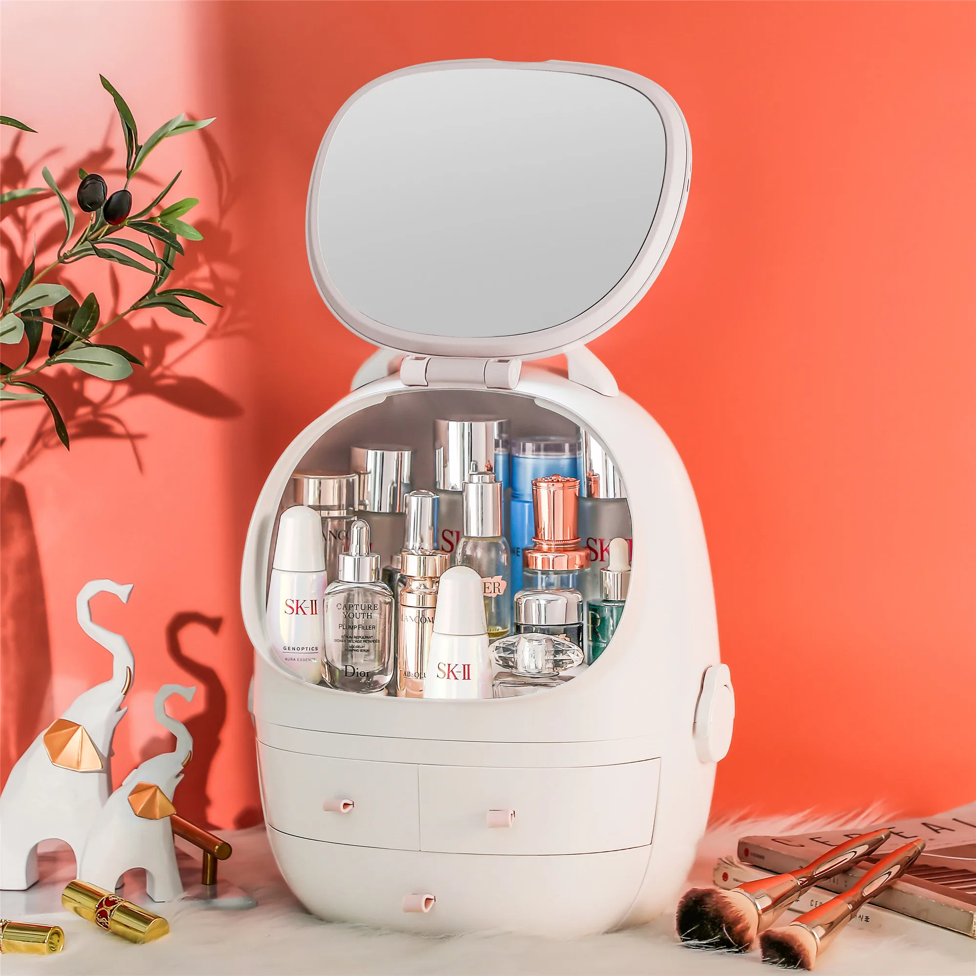 Household Plastic Dust-Proof Double Layer Beauty Makeup Storage Box with Lift Mirror Cute Lazy Cosmetic Storage Box