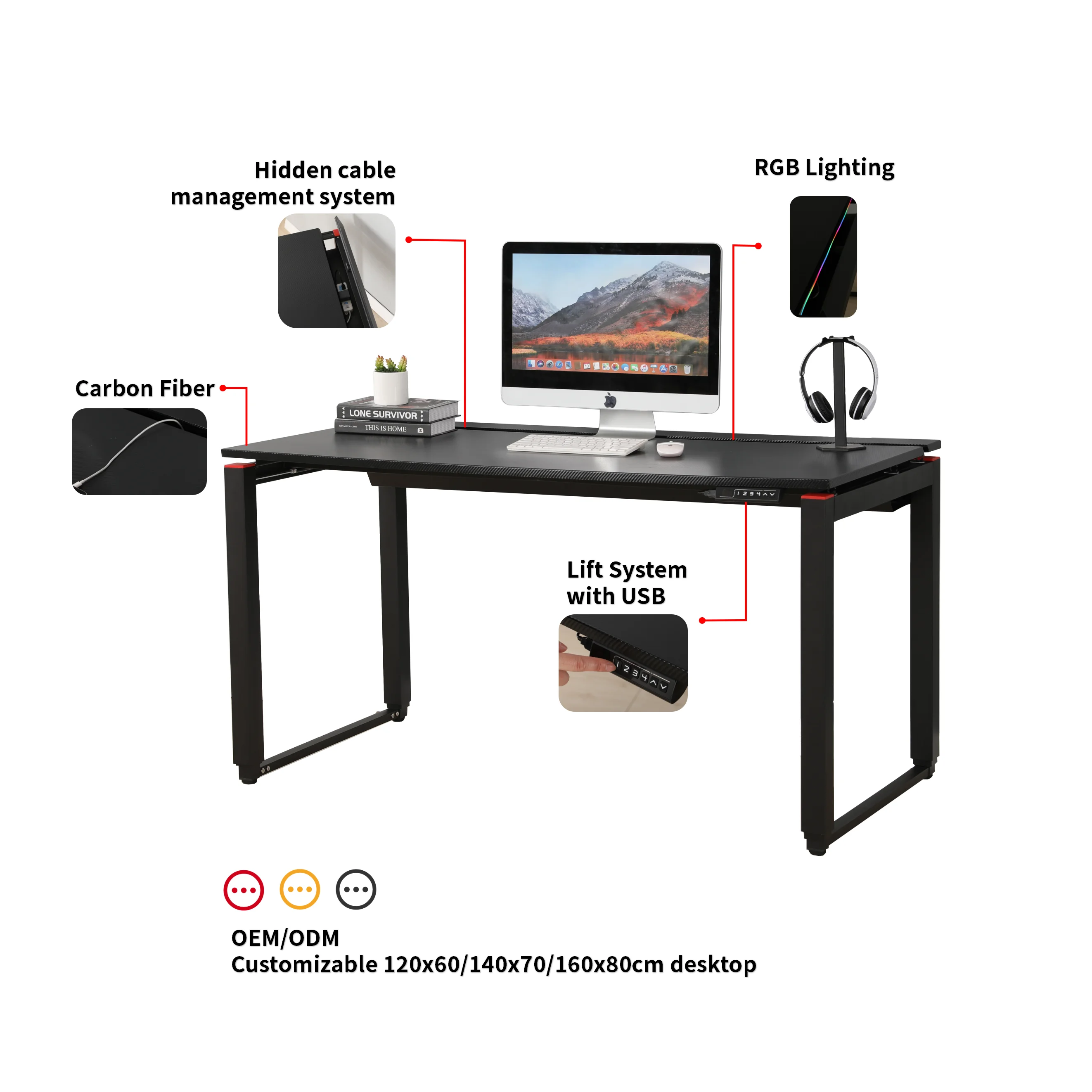 Ada NEW DESIGN electric height adjustable RGB lights hidden cable motion gaming standing desk with cable management