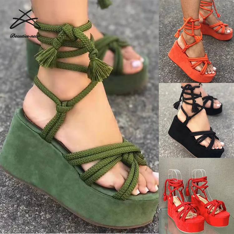 2022 New Platform Sandal Women Shoes Lace Up Plus Size Striped Wedge Sandals Womens Summer Chunky Outdoor Heeled Sandals
