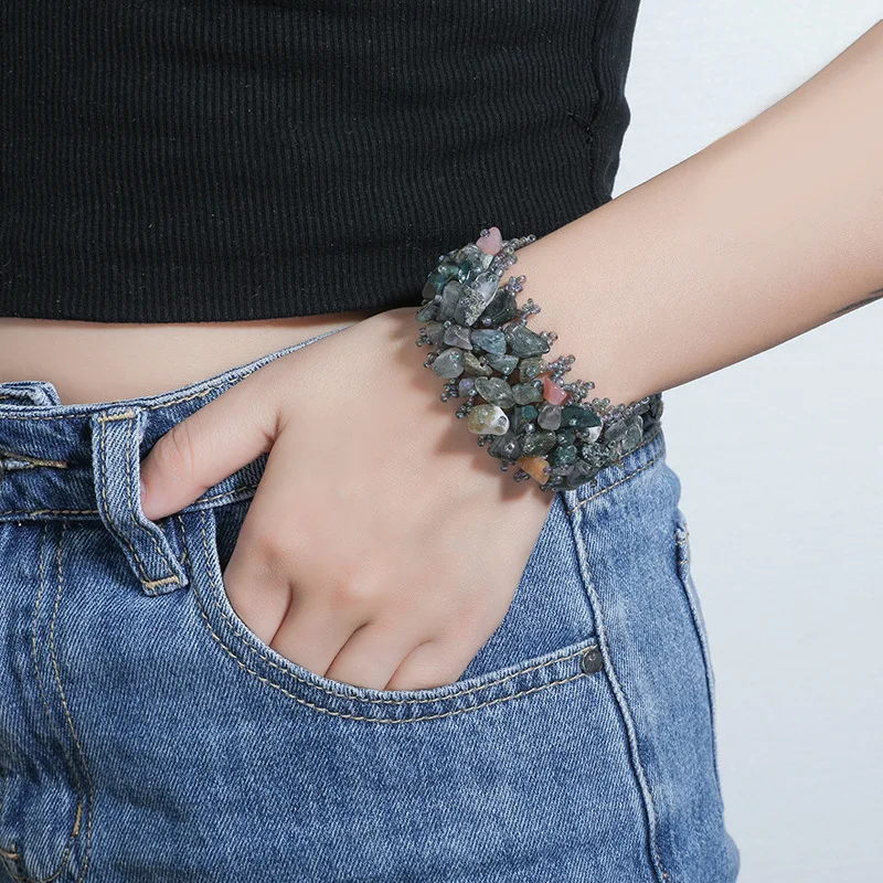 Wollet Fashionable Boho Style Agate Powder Macadamia Woven Handrack Cluster Statement Wide Bracelet for Women