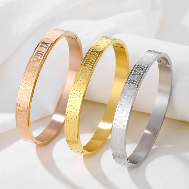 Wholesale Custom Roman Numerals bijoux acier inoxydable Cuff Bangle Jewelry Creative Roman Digital stainless steel