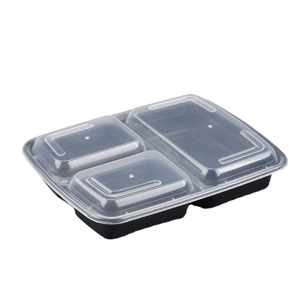 Black rectangular plastic three compartment boxes disposable plastic takeout food containers