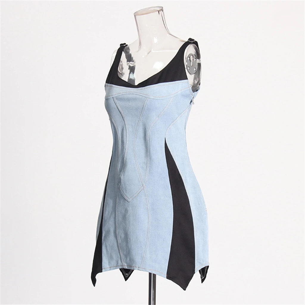 Fashion New Color Block Patchwork Sling Denim Jeans Elegant Casual Irregular Mini Sexy Bodycon Tight Short Dress Women Clothing
