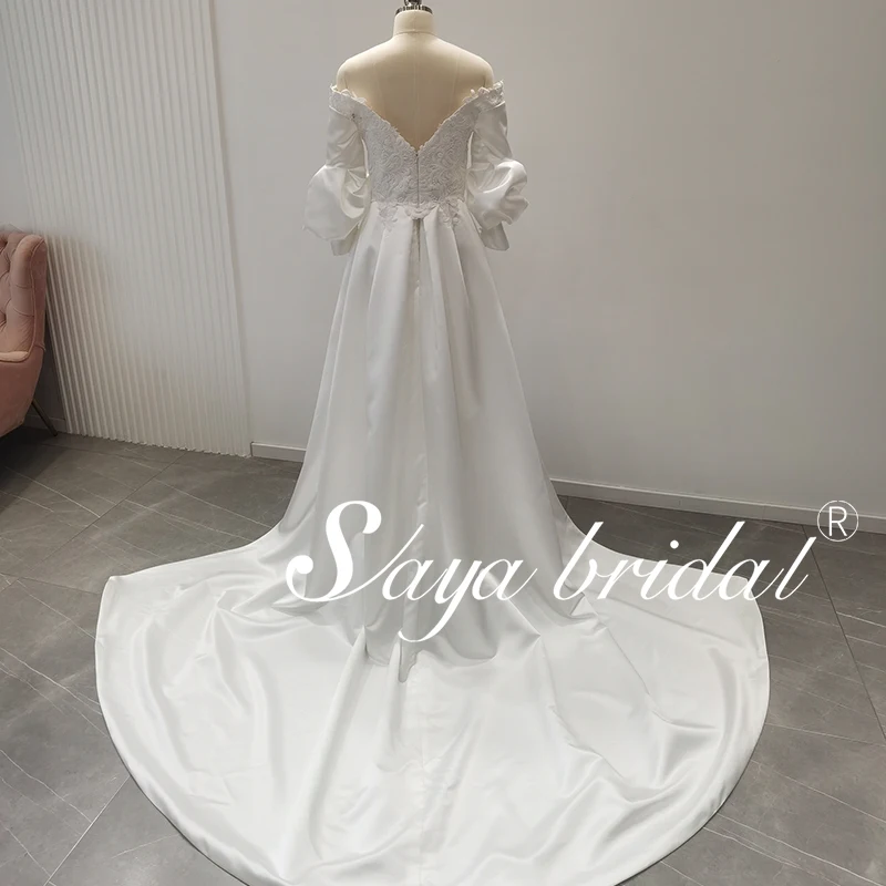 Elegant Bridal Dress Fishtail Lace Trim Slim Satin Material with Small Train Off-Shoulder Design and Long One-Line Shoulder
