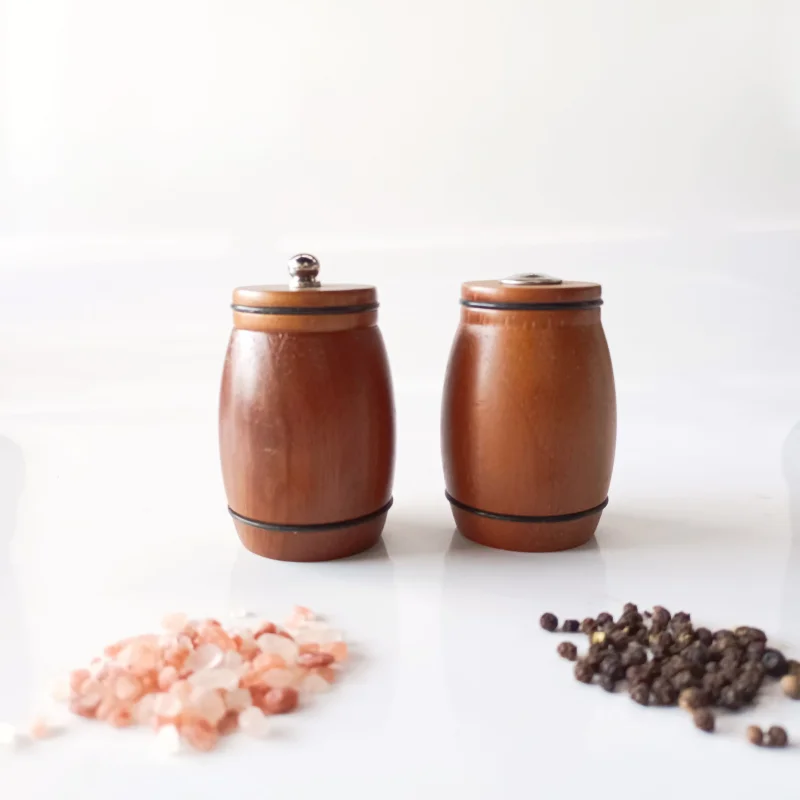 Mini Wooden Pepper & Salt Grinder Set Barrel-shaped One Hand Pepper Shaker Set for Kitchen Use Portable & Storage