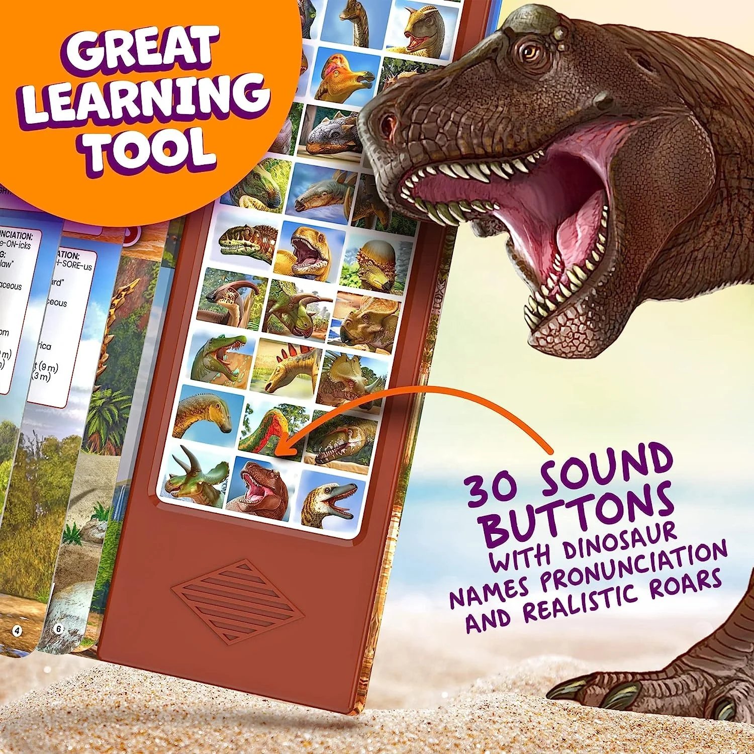 Dinosaur Book with 30 Species Facts Names and Realistic Sounds for kids learning