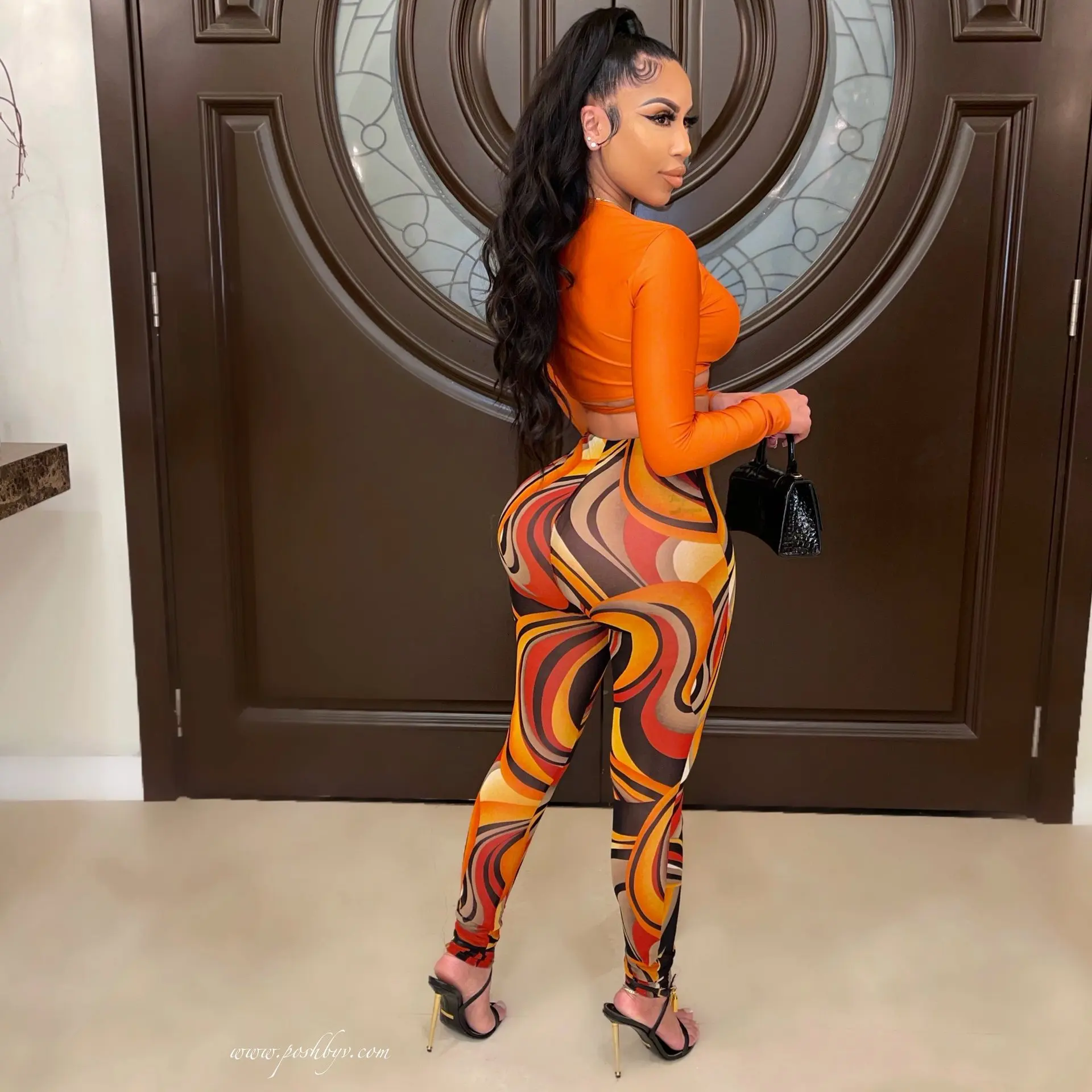 2021 Fall Fashion Women Clothes Sexy V Neck Bandage Crop Top 2 Piece Print Mesh Legging