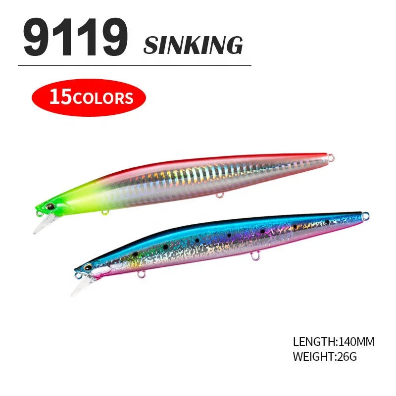 China Factory Sell Long Throw 140mm 26g Minnow Sinking Bait Freshwater Bass Saltwater Sea Fishing Bait