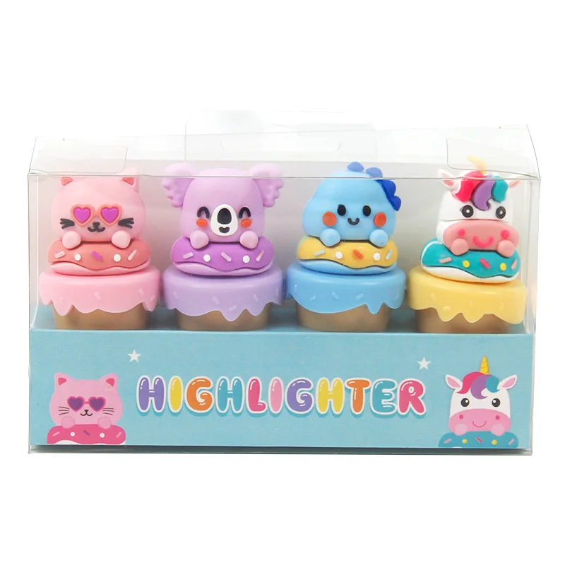4PCS KAWAII Mini Animal Ice Cream Cone Chisel Tip Highlighters with Soft Rubber Top, Fun Kawaii Highlighter Set