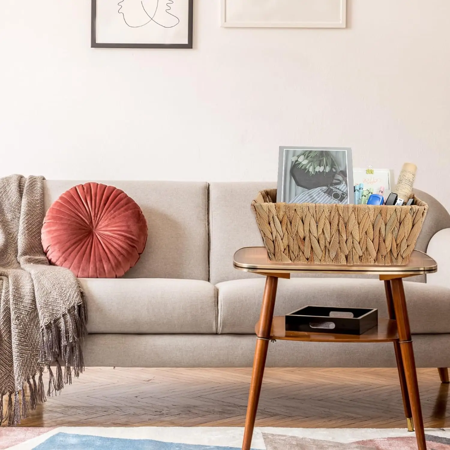 Small Wicker Basket Bulk Woven Water Hyacinth Baskets for Organizing Baskets with Built in Handles for Kitchen Bathroom Shelf