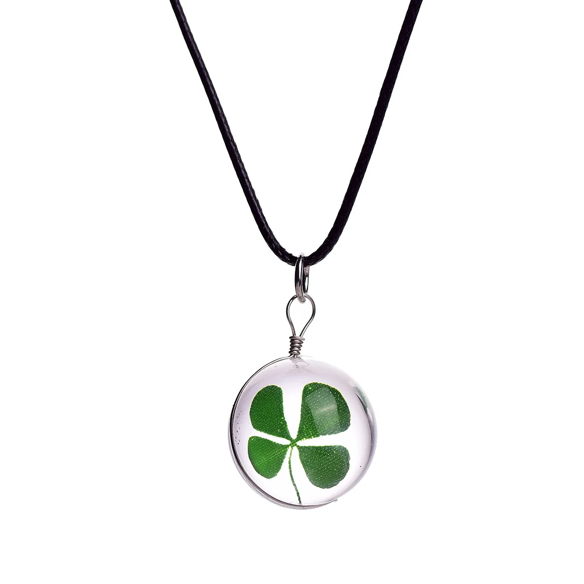Green Leaf Pendant Chain Glass Ball Necklace Clover Pressed Real Flower Specimen Jewelry Four Leaf Clover Nature Plant 20mm XP
