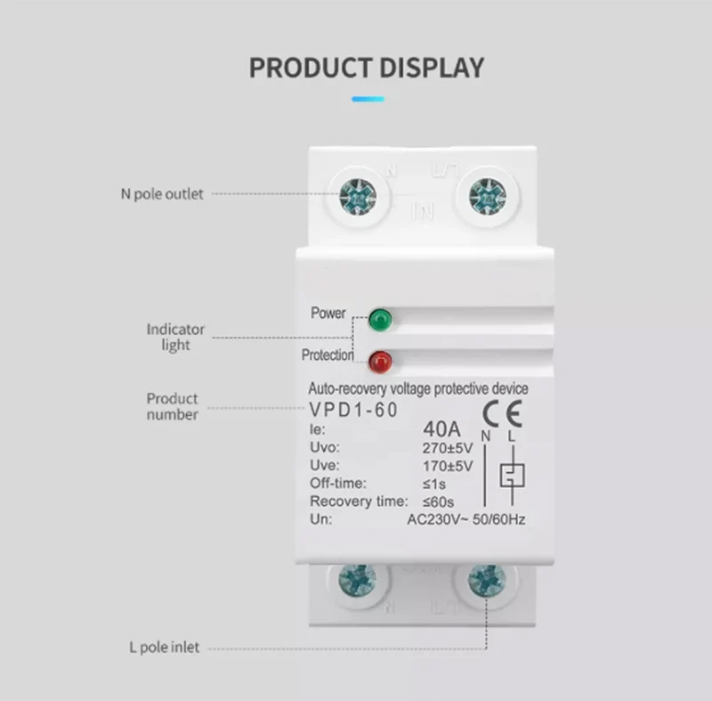 40A 63A 230V Household Din rail automatic recovery reconnect over voltage and under voltage protective device protector