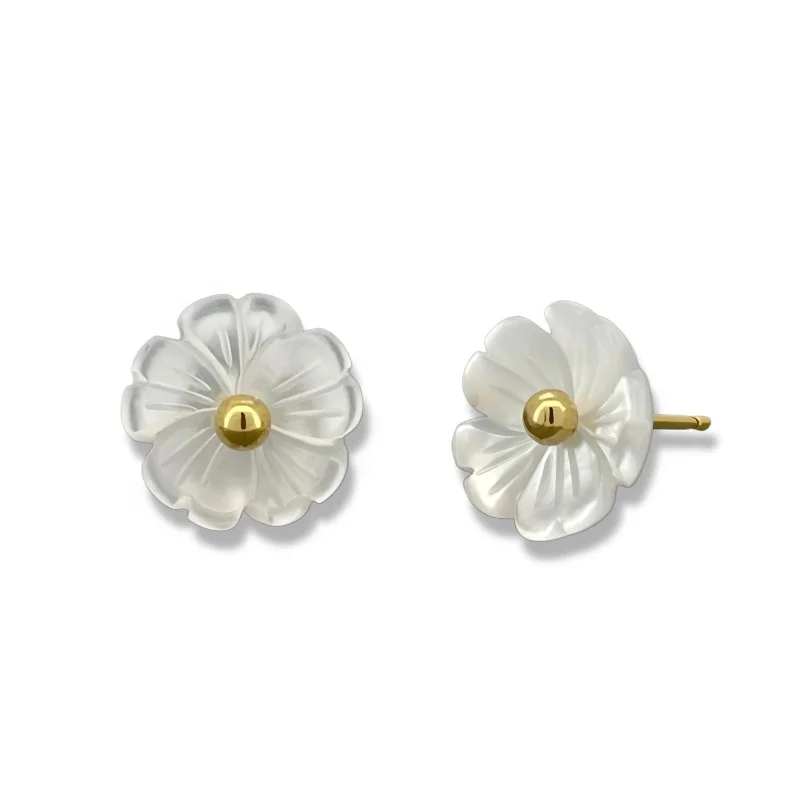 Engaging Mother of Pearl Nacre flower Earrings with a gold ball detail for women Suitable for any occasion
