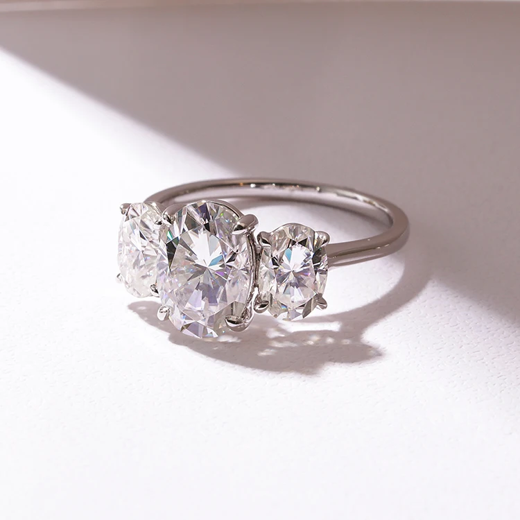 AAA GEMS Platinum Wedding Ring Three Stone Accented 10x7mm Oval Cut Moissanite Diamond Engagement Ring with GRA