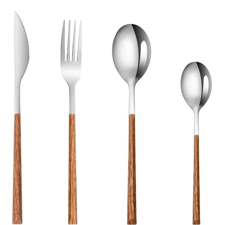 Hot Selling ABS Plastic Handle Wood Grain Stainless Steel Suitable Tableware Fork Spoon Set for Hotels Plastic Handle Cutlery