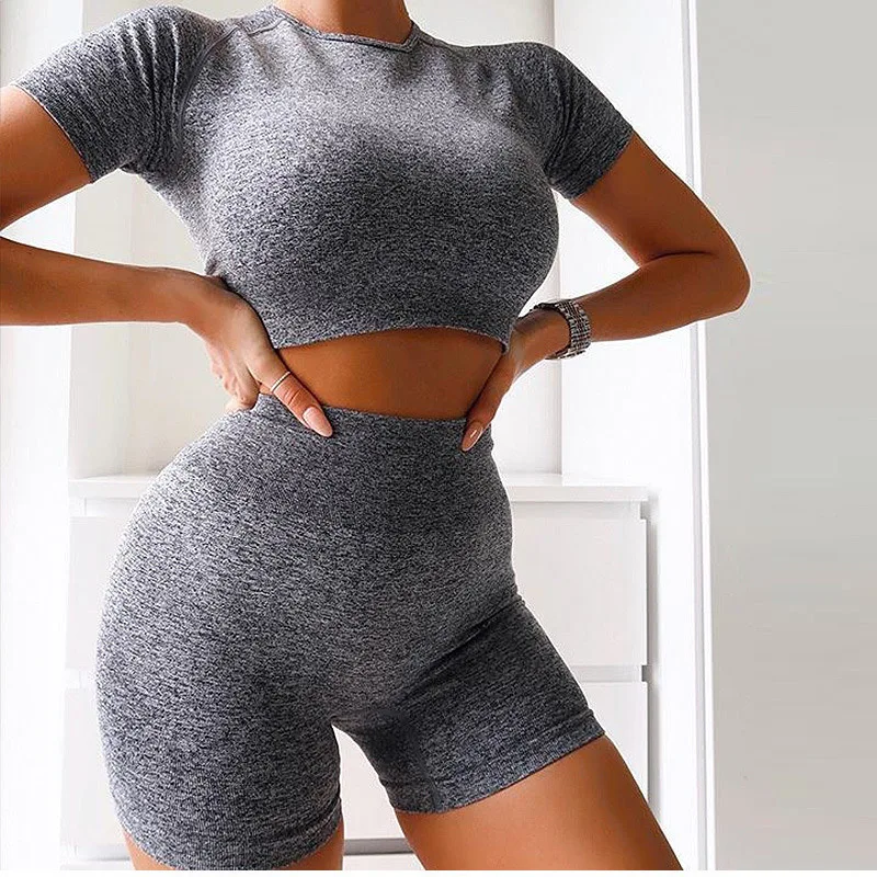 Women Fluorescent Green Seamless Yoga Outfits 2 Piece Short Sleeve Crop Top with High Waist Booty Biker Shorts Workout Clothes