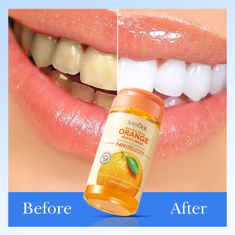 Organic Fresh Orange Peach Flavor 500ml Alcohol-free natural Mouthwash Baking Soda Effective Tooth Stain Removal mouth lotion
