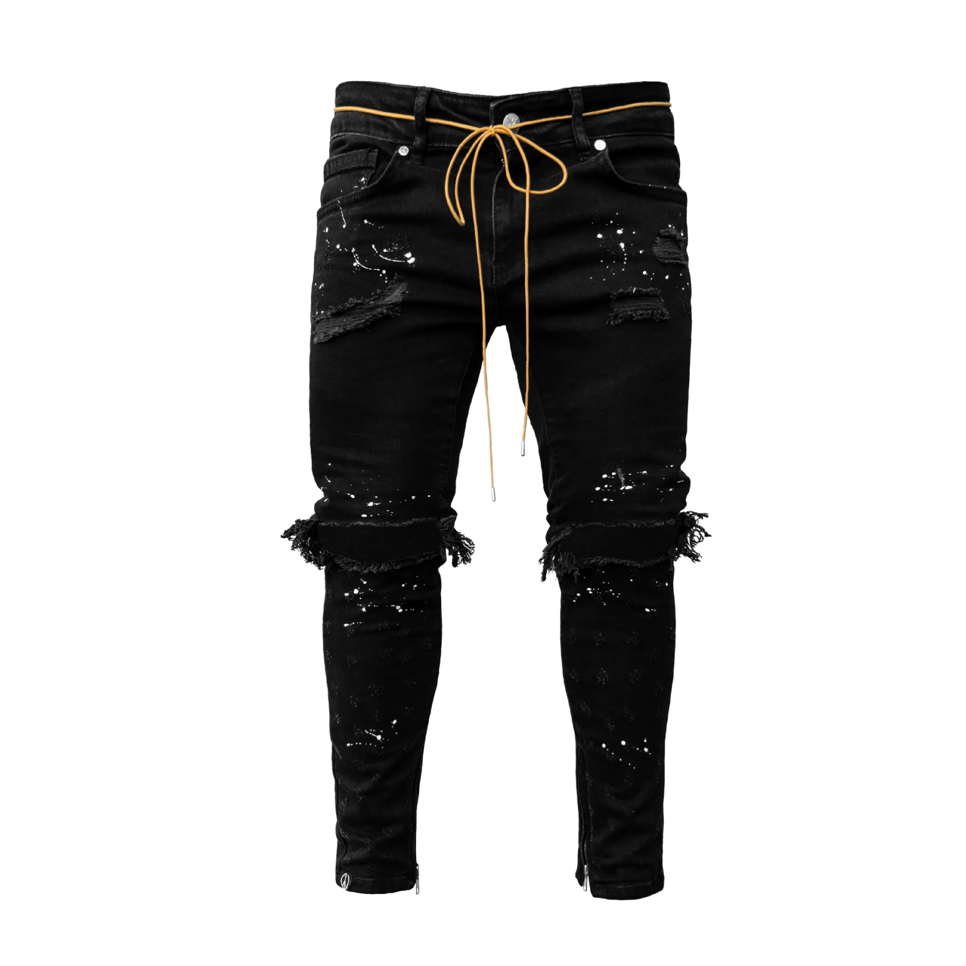 Hole Patch Paint Design Jeans Men Skinny Stretch Tapered Black Ripped Jeans Men Scratch Jeans